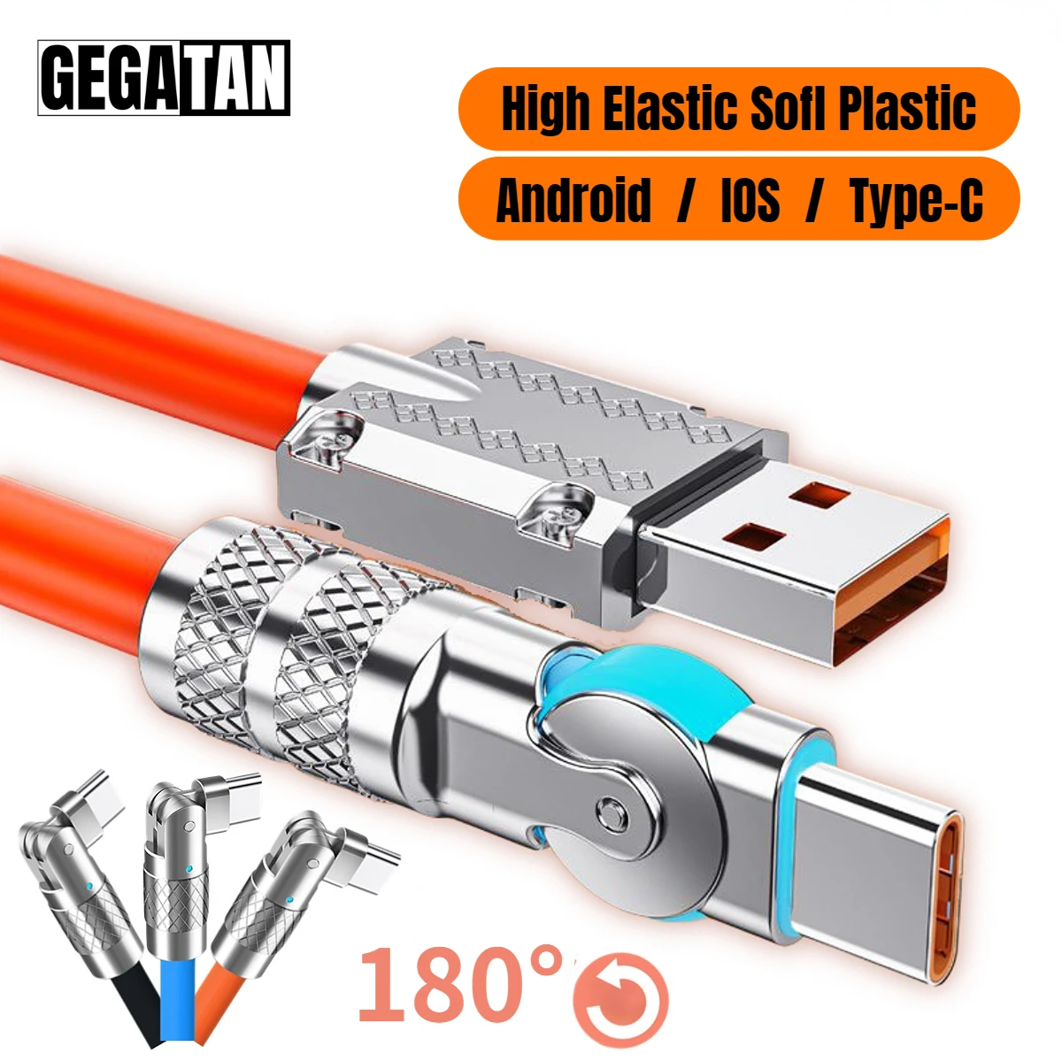 

GEGATAN 120W 6A 180° Rotating Super Fast Charge Cable Mobile Game Type-C Charger Liquid Silicone Cable for Xiaomi IPhone 1.2m