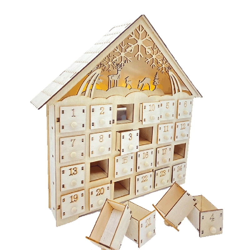 

Elk Snowflake Wooden Christmas Countdown Calendar LED Lighted Wood House Xmas