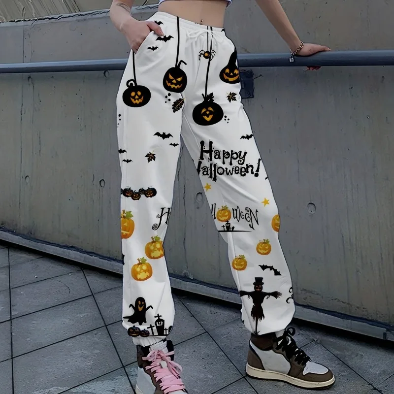 

Брюки женские эластичные с завышенной талией, однотонные модные облегающие офисные повседневные штаны с мультяшным рисунком, на Хэллоуин, весна-осень