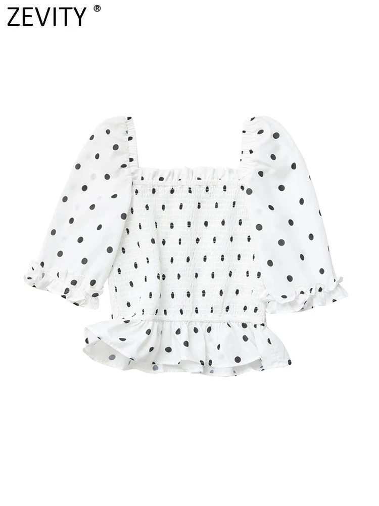 

Zevity Women Fashion Polka Dots Print Elastic Ruffles Short Smock Blouses Lady Chic Puff Sleeve Slim Shirts Blusas Tops LS10070