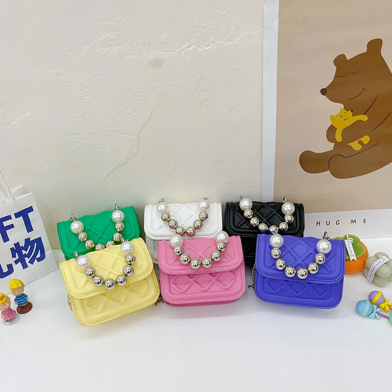 Silver Beads Handle Children's Shoulder Bags Coin Purse Cute Girls Kids Mini Square Messenger Bag Princess Accessories Handbags