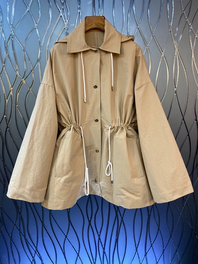 

2023 new women fashion high quality long sleeve lapel with hat waist drawstring slim loose medium length trench coat jacket 1007