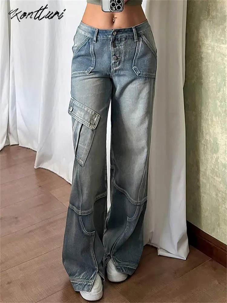 

Kontturi Fall Streetwear Wide Leg Pants For Women 2023 Fashion Low Waist Y2k Pants Blue Pockets Baggy Washed Jeans Pants Female