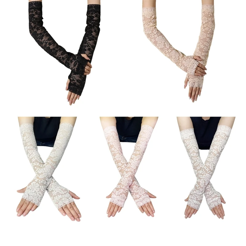 

MXMB Women Lace Floral Gloves Wedding Party Bride Mittens Sheer Mesh with Floral Decor Half Finger Gloves Cosplay Costume