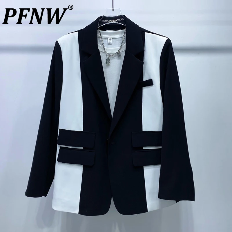 

PFNW Autumn New Men's Loose Versatile Suit Coat Shoulder Pad Color Contrast Spliced Blazer Korean Casual Street Blazers 28A3702