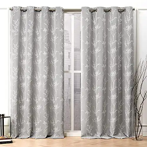 

Beautiful Floral Patterned Room Darkening Grommet Top Blackout Curtain Panel Pair, 52x108 inches, Ash Grey.
