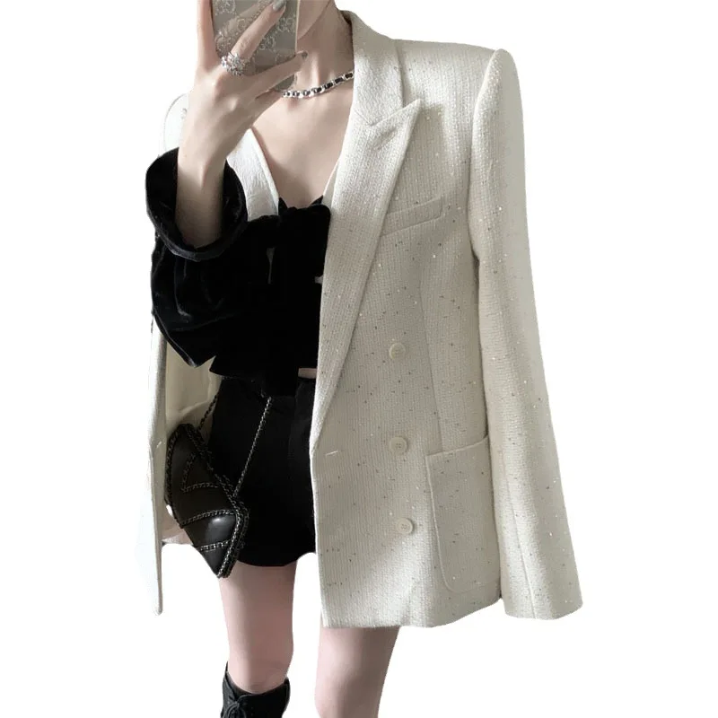 Модная женская одежда больших размеров черно-белый шерстяной Блейзер с