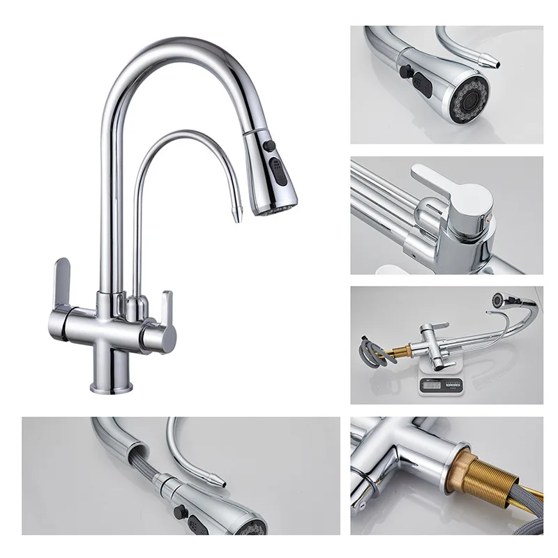 

Kitchen Faucet with Pure Water Faucet, Copper Hot and Cold Water Pull Sink Faucet, Sink Faucet