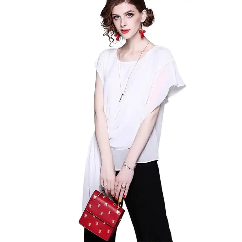 

Casual Round Neck Irregular Chiffon Tops 2022 Summer Street Party Blouse Women Red Asymmetrical Loose Top Red