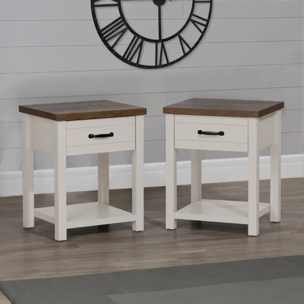 

Lancaster Farmhouse Oak Top 1 Drawer Nightstand, Set of 2, Ivory