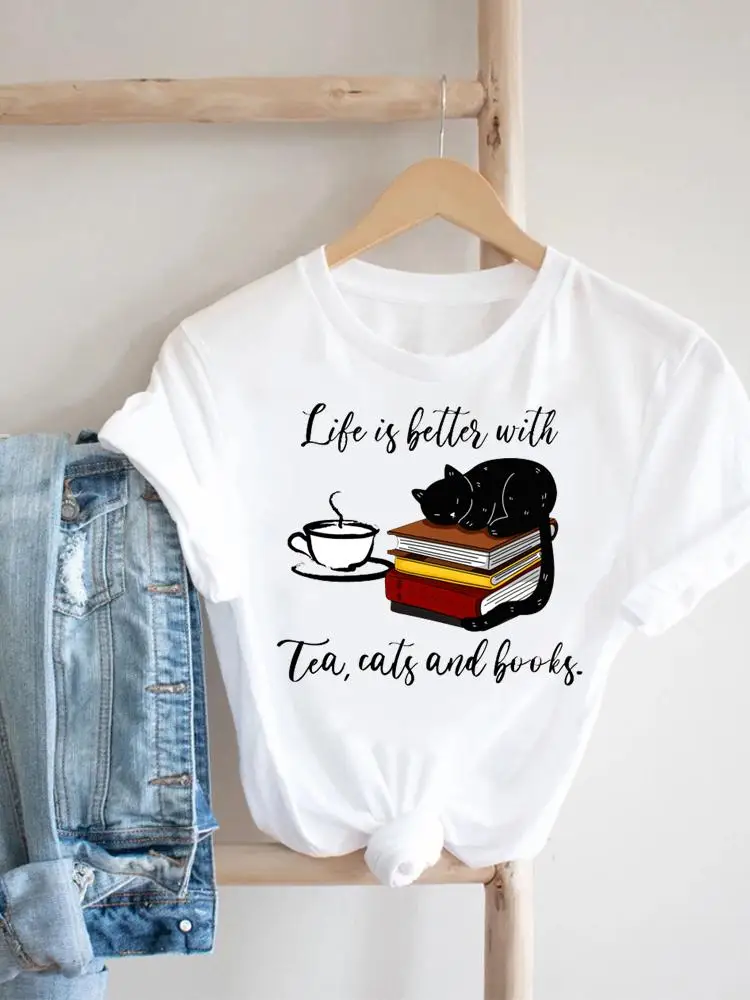 

Female Top Fashion Tee Coffee Cat Lovely Style Clothes Casual Summer Women Clothing Short Sleeve Print Tshirt Graphic T-shirt