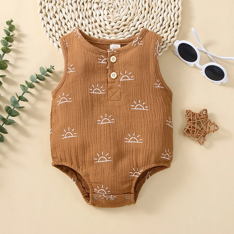 

Newborn Baby Summer Boys Rompers Toddler Infant Girls Sun Print Buttons Cotton Linen Romper Jumpsuits Sunsuits Beach Clothes