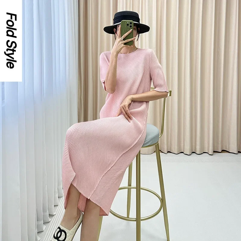 Женское длинное плиссированное платье миаке однотонное Повседневное с круглым