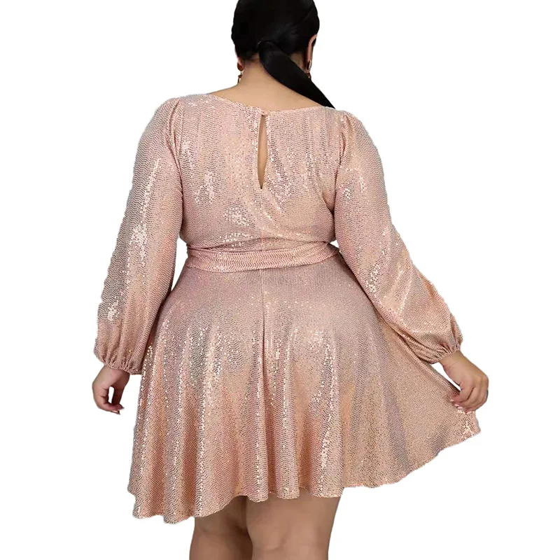 Plus Size Dress Evening Party Dresses for Women O-Neck Long Sleeve Dresses for Women  Slim Fit  Above Knee Mini Sequin Ball Gown