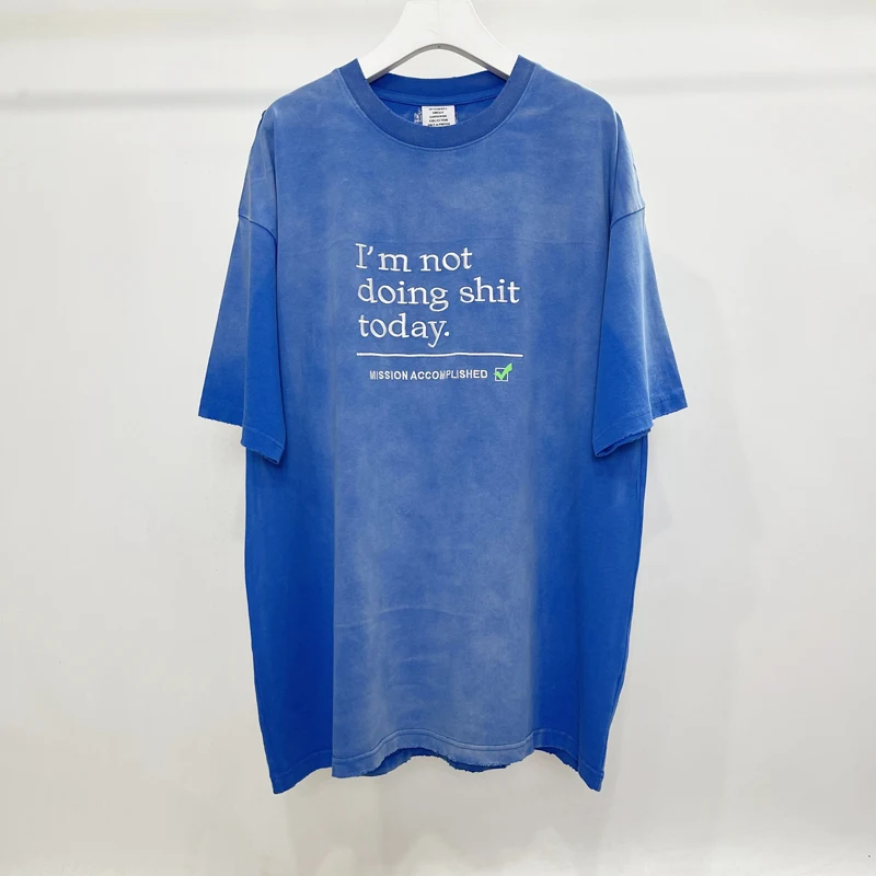 

Washed Blue Gradient Dye VETEMENTS Short Sleeves Embroidered Letter Men Women 1:1 Oversized Pure Cotton T-Shirts