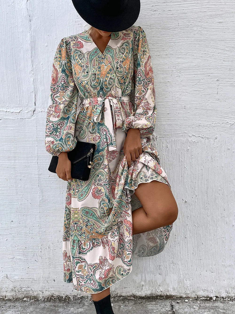 

Vintage Print Maxi Dresses for Women 2022 Autumn Long Puff Sleeve Bohemian Bandage Dress Sexy Party Vestidos De Fiesta