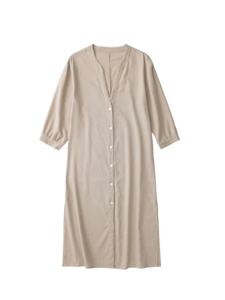 

KJMYYX New Dress Women 2022 Shirt Collar Flax Long Dress Female Midi Summer Dresses Asymmetric Hem Button-up Lady Casual Dresses