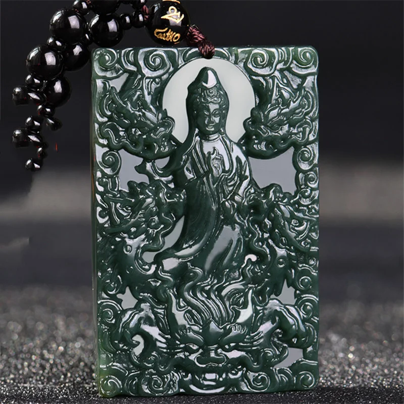 

Hot Selling Natural Hand-carve Jade Cyan Kowloon Guanyin Necklace Pendant Fashion Jewelry Accessories Men Women Luck Gifts