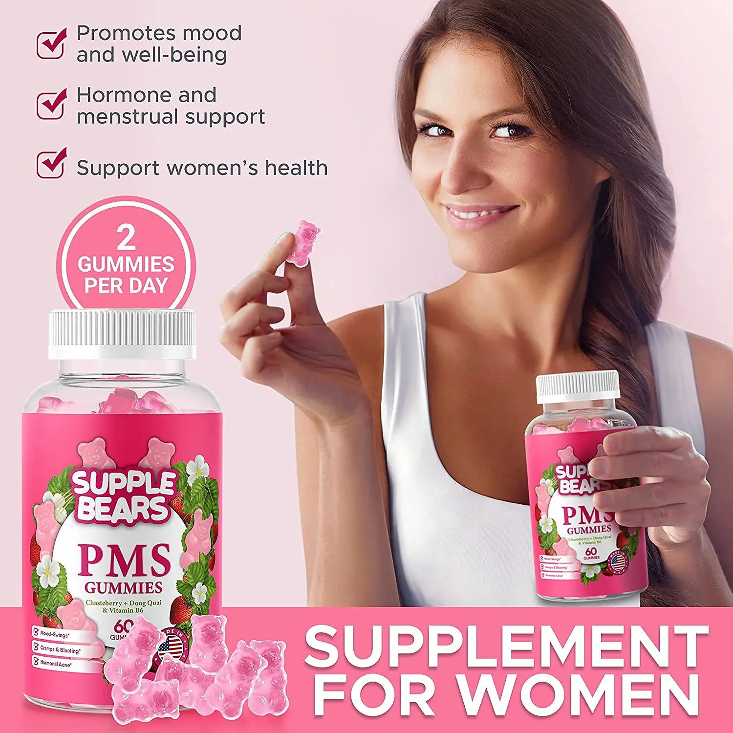 1 Bottle Feminine Mood Relief Gummies Strawberry Flavor Menstrual Mood Relief Sleep Gummies Vitamin Gummies