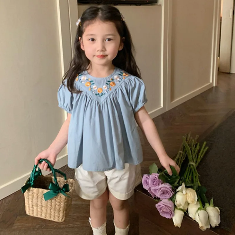 

Summer Girls' Clothing Sets Fashion Embroidery Light Blue Short-sleeved Top+White Shorts Children Baby Kids Clothes Suit