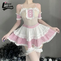 backless lolita women schoolgirl uniform puff sleeves ruffles cosplay costumes kawaii lace perspective mesh student outfit new