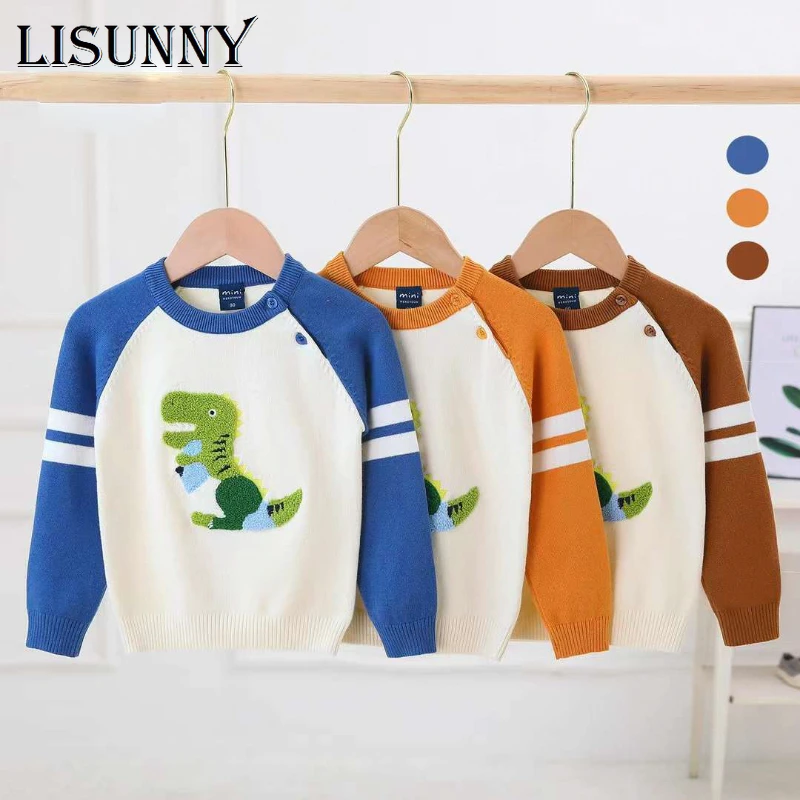 

2023 Autumn Winter Children Kids Sweater Boy Sweaters O-Neck Jumper Baby Pullover Cartoon Dinosaur Striped Toddler Clothes 1T-5T