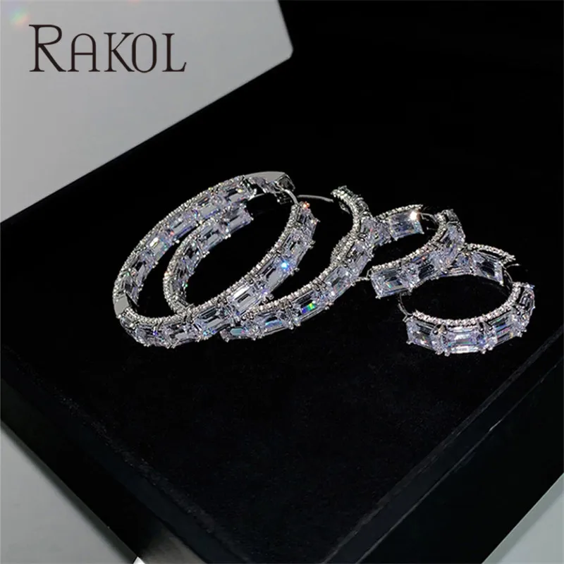 

RAKOL 2022 New Spring Fashion Stitching Wild Rectangle Cubic Zirconia Big Hoop Earrings Luxury Female Valentine's Day Gift