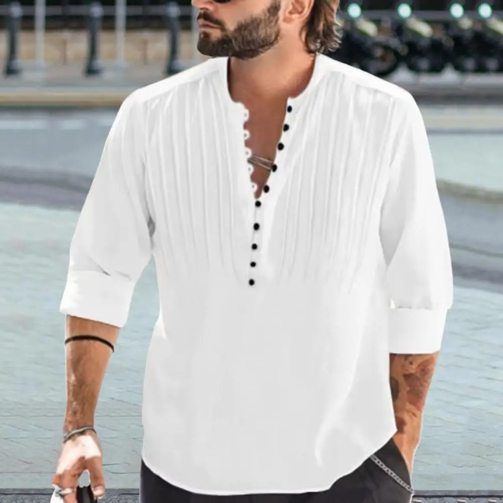 

Men Top Stand Collar Men Summer Shirt Quick Drying Mid Length Men Shirt