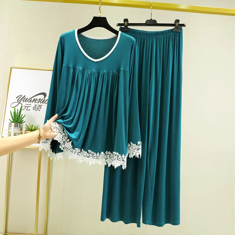 Women's Pajamas Set Modal NEW Soft Casual Sleepwear Set Women Pajama Set Full Sleeves Fashion Lace V-Neck Shirt Pant Homewear