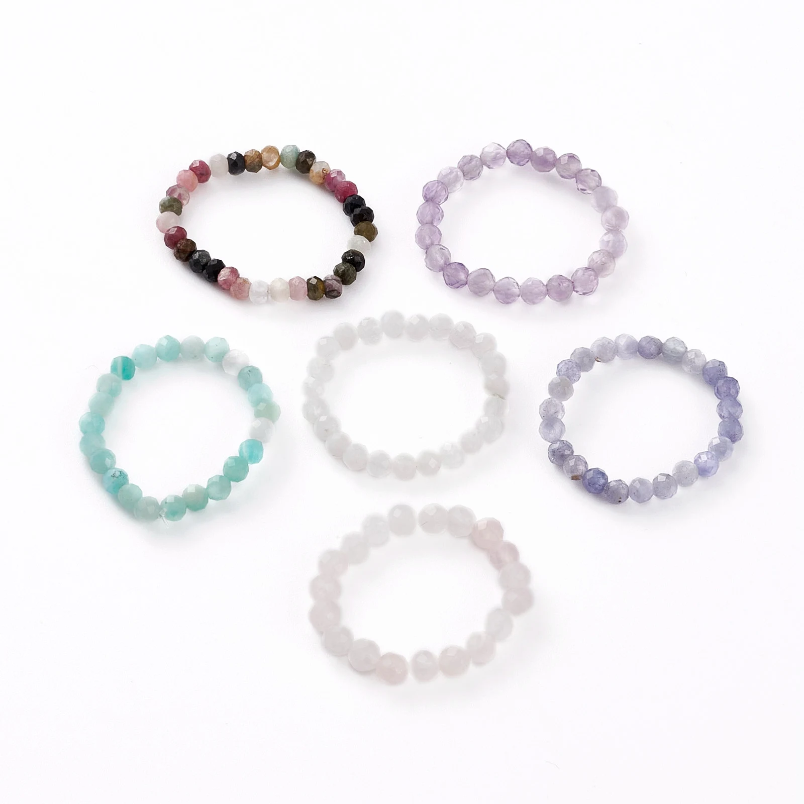 

10pcs Rings for Women Handmade Natural Amethysts Tourmalines Stone Rings Bead Stretch Finger Rings Party Jewelry US Size 8