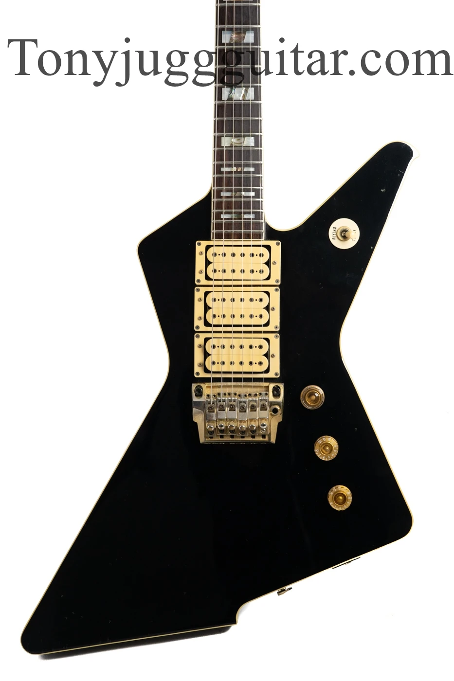 

Rare Destroyer II DT-555 Black Phil Collen Explorer Electric Guitar Floyd Rose Tremolo Bridge, Gold Hardware, Abalone Inlay