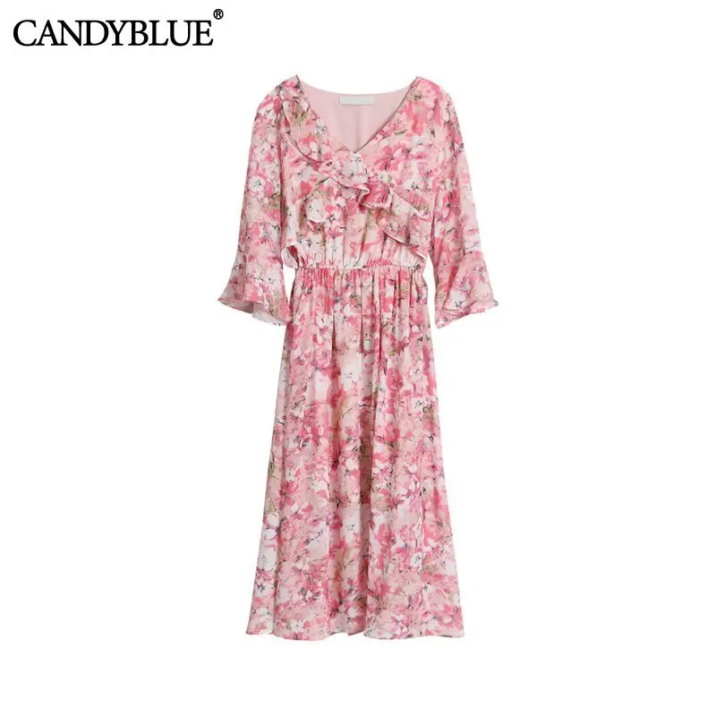 

Pink Floral Chiffon French Elegant Women's Fashion Female Dress Summer 2022 V-Neck Flared Sleeve Elastic Waist Dresses For Women