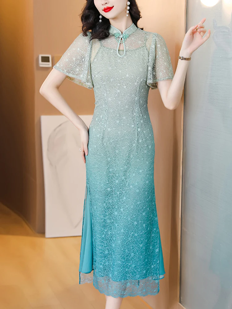 

Women Chinese Style Sequined Silk Maxi Dress Spring Summer Korean Vintage Solid Midi Dresses 2023 Elegant Bodycon Evening Robe