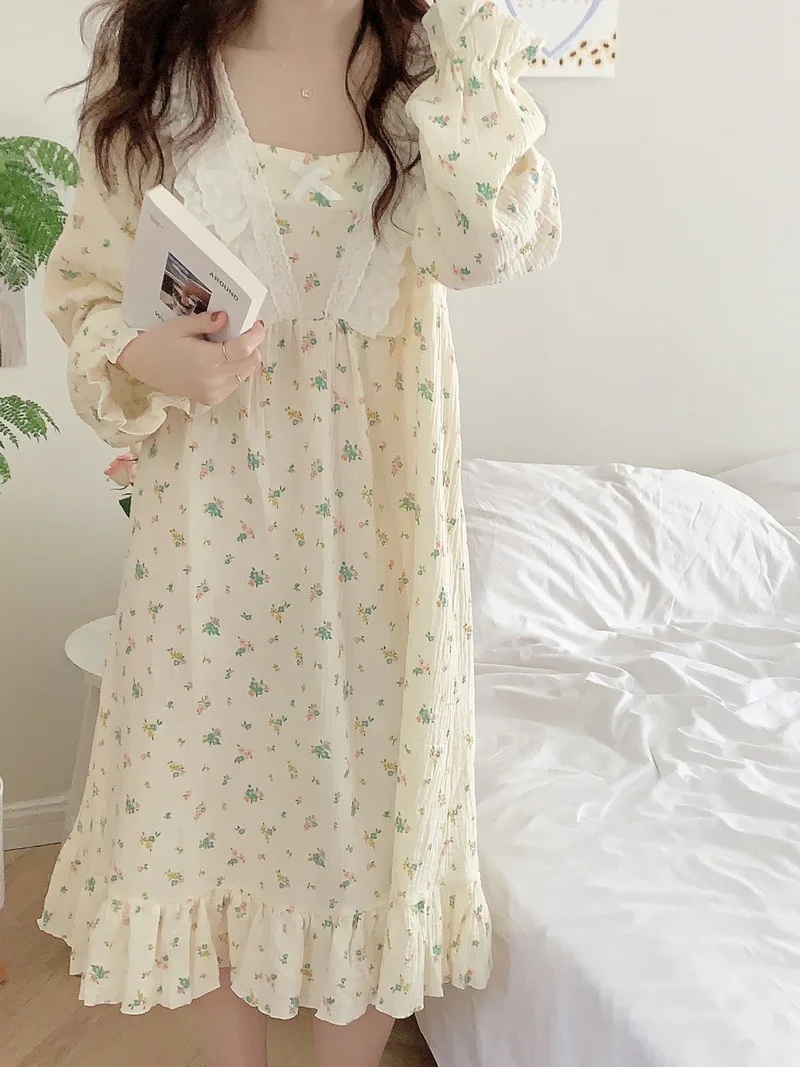 

Floral Print Cotton Gauze Nightgown Women Crepe Lace Long Sleeve Autumn Winter Sleepdress Home Wear Nightdress Soft S280