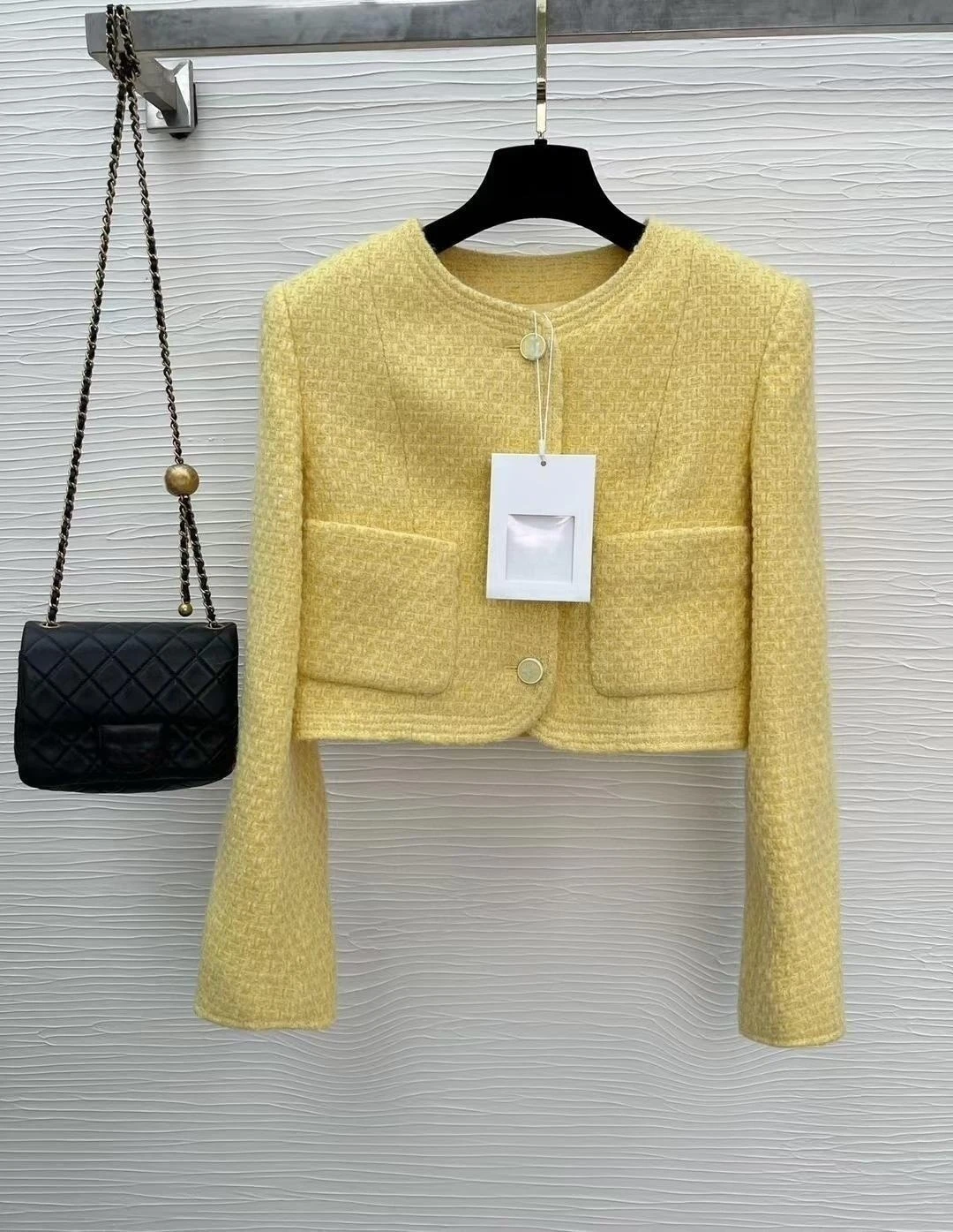 

2023 Spring Autumn Chic Women High Quality Silk Lining Lemon-yellow Tweed Jackets Elegant Short Coat C251
