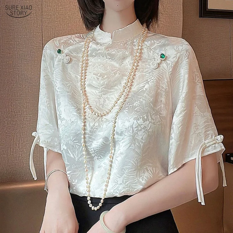 

Женская атласная блузка с коротким рукавом, Элегантная классическая шелковая рубашка в китайском стиле Чонсам с разрезом и пуговицами, лет...