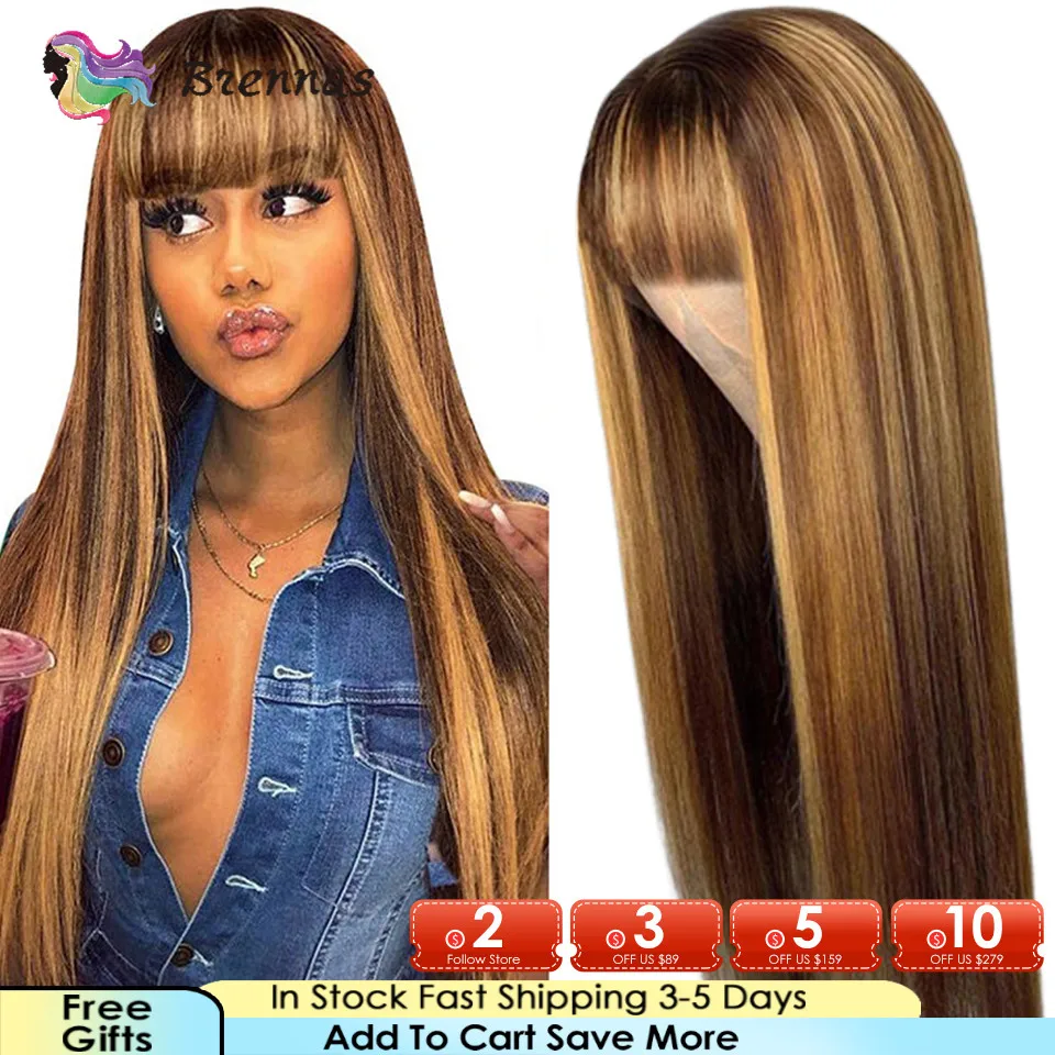 Ombre Straight Human Hair Wig Peruvian Honey Blonde Highlight Straight Wig With Bangs Glueless Machine Made Wigs For Black Women