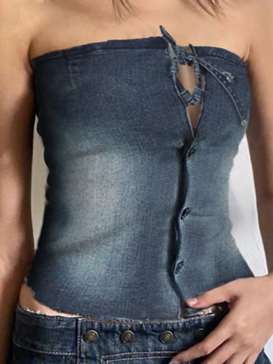 

Vintage Style Denim Bandeau Crop Top with Button Detailing and Off-Shoulder Design for Women s Summer Streetwear and Club Wear
