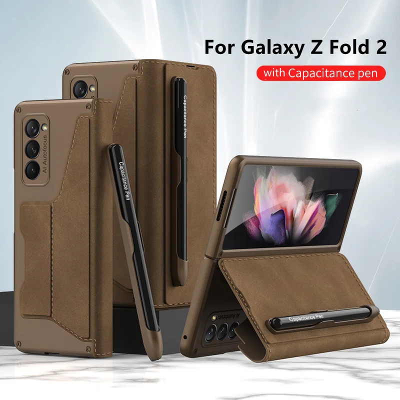 

Чехол со стилусом для Samsung Galaxy Z Fold 2, кожаный чехол-книжка со слотом для карт и подставкой