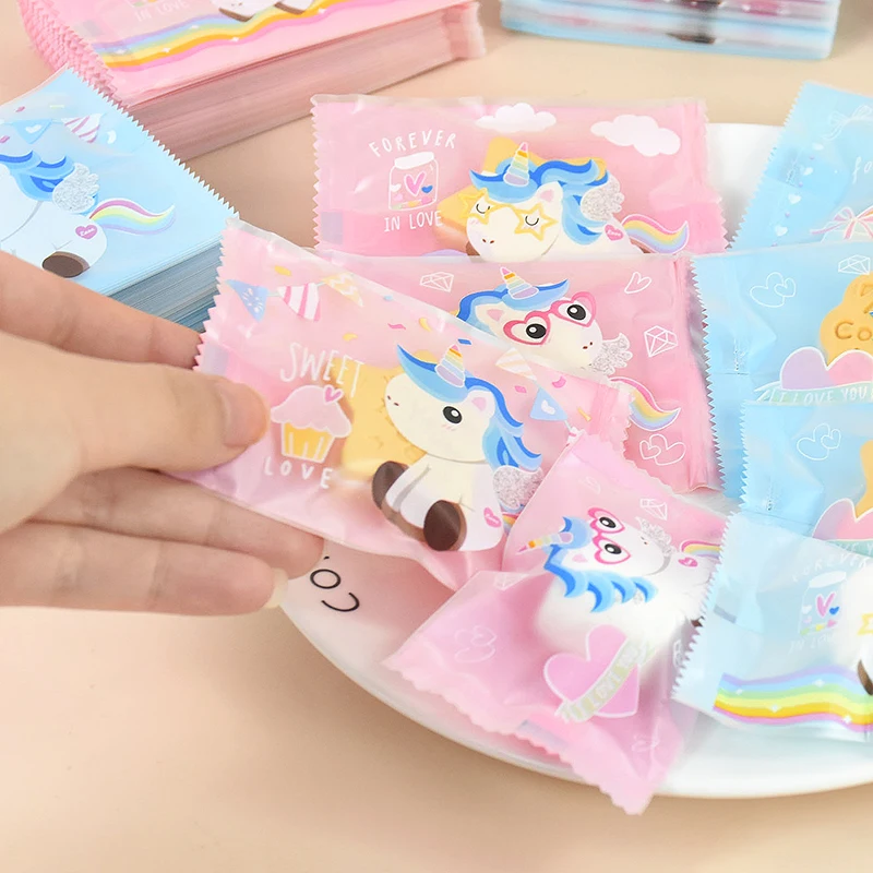 

100pcs Cookies Plastic Packaging Gift Bag Cartoon Rainbow Lovely Unicorn Blue Pink Biscuit Bags Baby Shower Party Seal Gift Bags