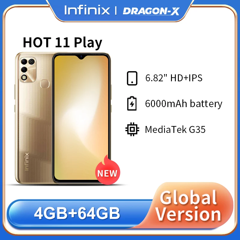 

Infinix HOT 11 Play Smartphone 4+64GB 6.82" HD+ IPS 6000 mAh 13 MP dual camera 3D design Russian warranty