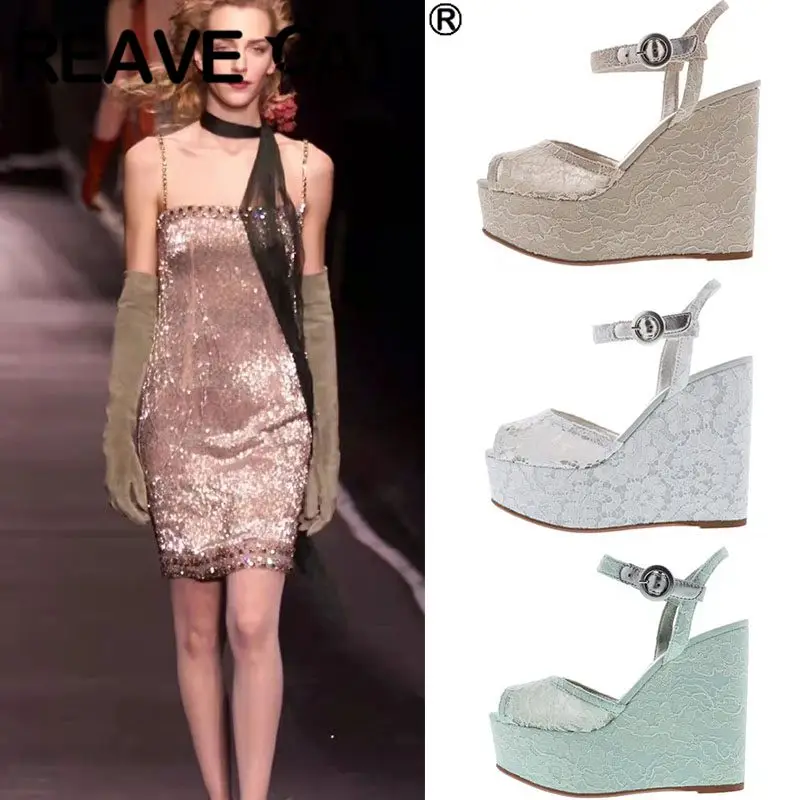 

REAVE CAT New Women Sandals Silks Peep Toe Wedges Heel Buckle Strap Platform Hollow Big Size 34-41 Solid Yellow Green Sexy S4010