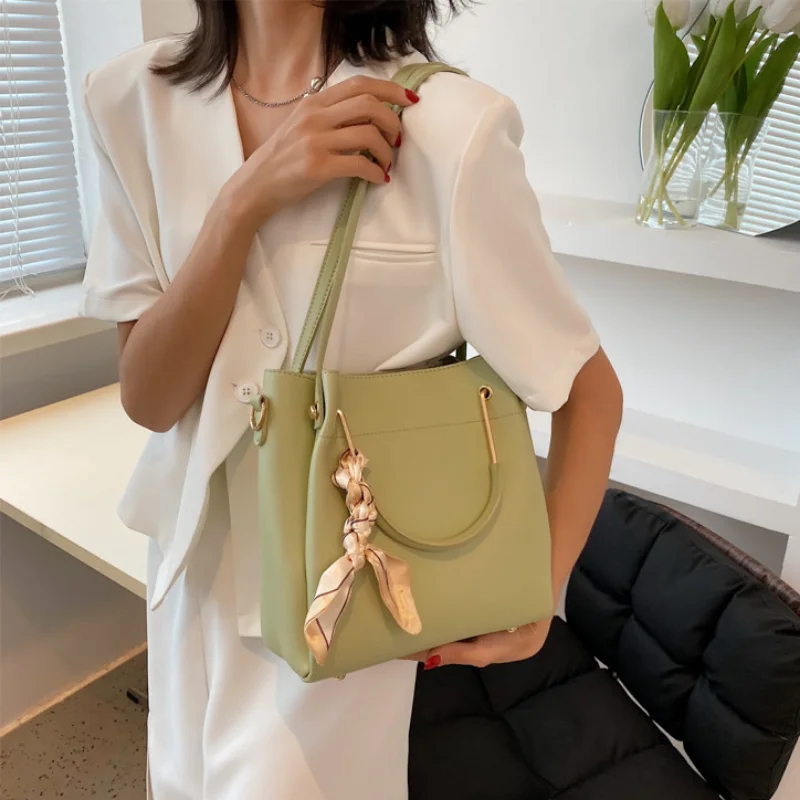 Women's PU Simple Large Capacity Wide Shoulder Bucket Bag Fashion Portable Solid Color Crossbody Silk Scarf Tote Bags for Women