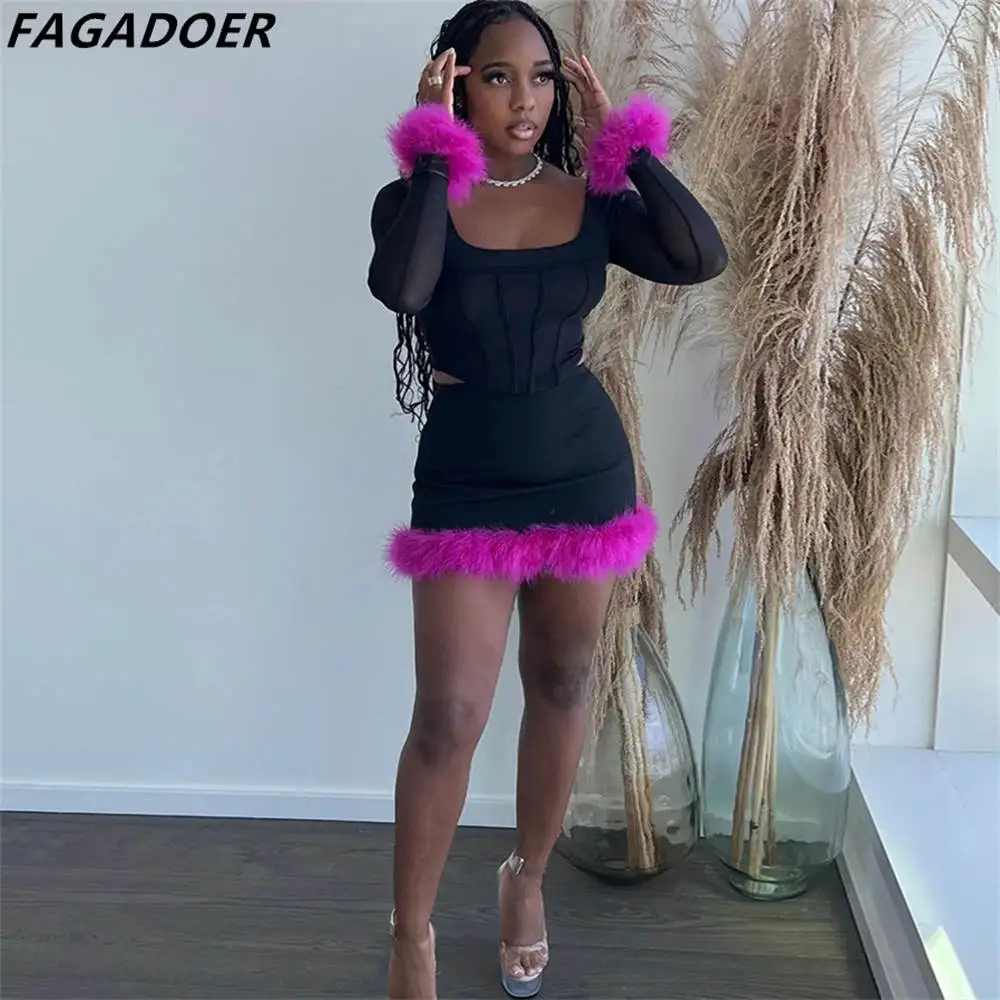 

FAGADOER Fashion Feather Splicing Skirt Two Piece Sets Women Irregular Crop Top And Mini Skirts Outfits Sexy Fur Party Clothing