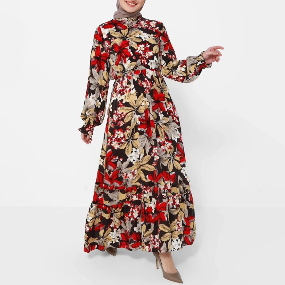 

Female Clothing Floral Printed New Maxi Dresses For Women Crew Neck Flare Sleeve Full Cover Gowns Muslim Loose Fashion Robe 2022