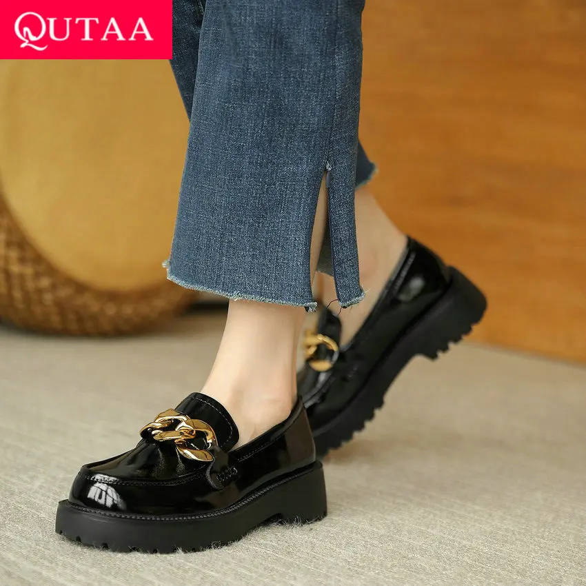 

QUTAA 2023 Women Pumps Thick Med Heels Round Toe Platforms Genuine Leather Classic Shoes Woman Spring Working Casual Size 35-39