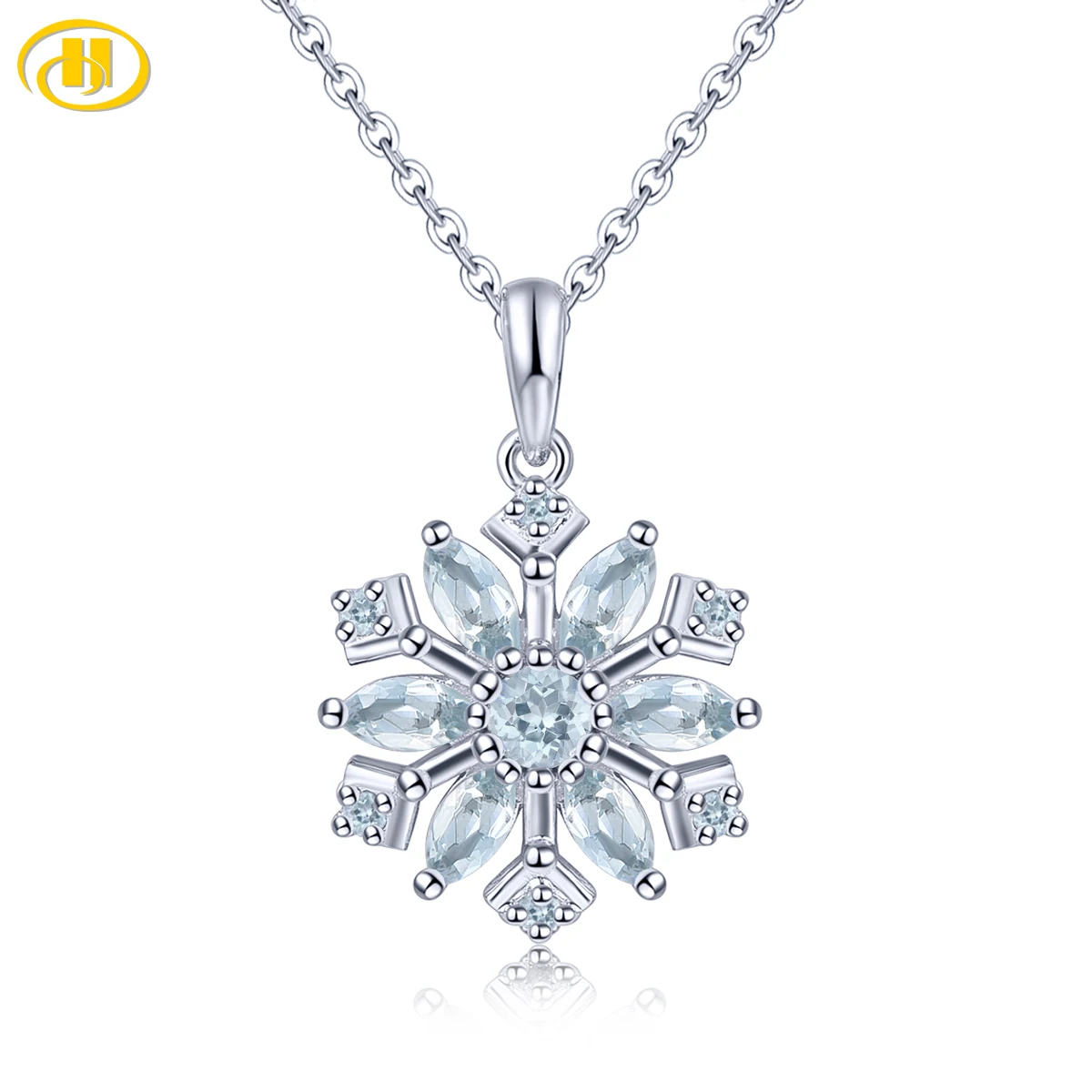 

Natural Aquamarine Sterling Silver Pendant 1 Carat Genuine Light Blue Snowflower Design Gift for Christmas New Year S925 Jewelry