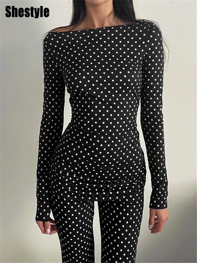 Shestyle Polka Dot Женские черные комплекты из двух предметов Сексуальные расклешенные