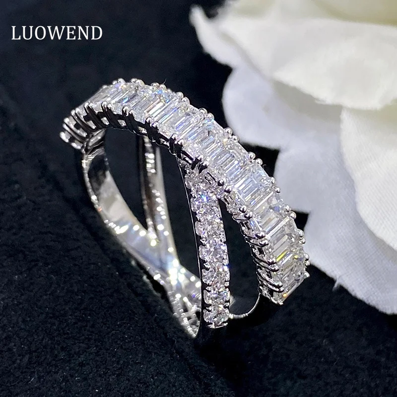 

LUOWEND 18K White Gold Rings Luxury Real Natural Diamonds 2.45carat Ring Fashion Intersection Design Wedding Band for Women