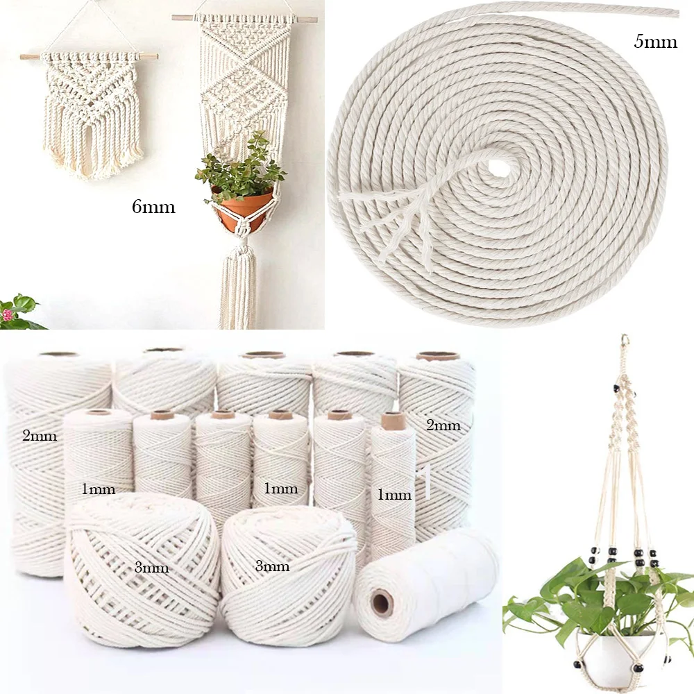 Cordón de algodón Natural de macramé, cuerda de artesanía de cuerda de algodón para manualidades DIY, decoración de boda de punto de 10-400M, 1/2/3/4/5/6mm de 100%